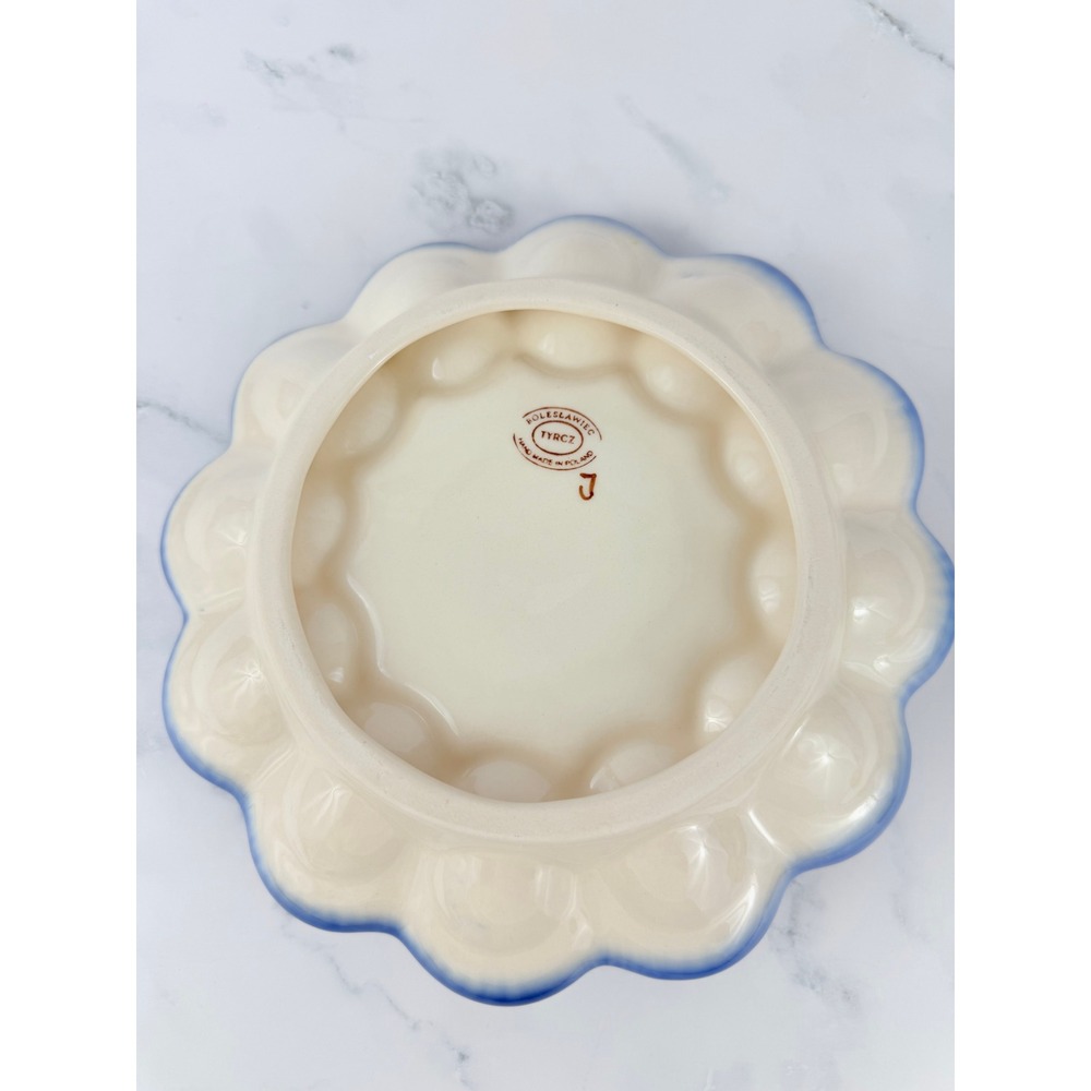 VTG Blue Rose Polish Pottery Egg Plate with Handle Boleslawiec Peacock Design - Picture 4 of 7